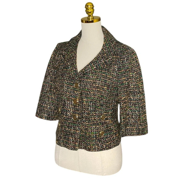 ANN TAYLOR LOFT | Women’s Wool Blend Cropped Tweed Blazer Green Brown Size 8 - Picture 2 of 11